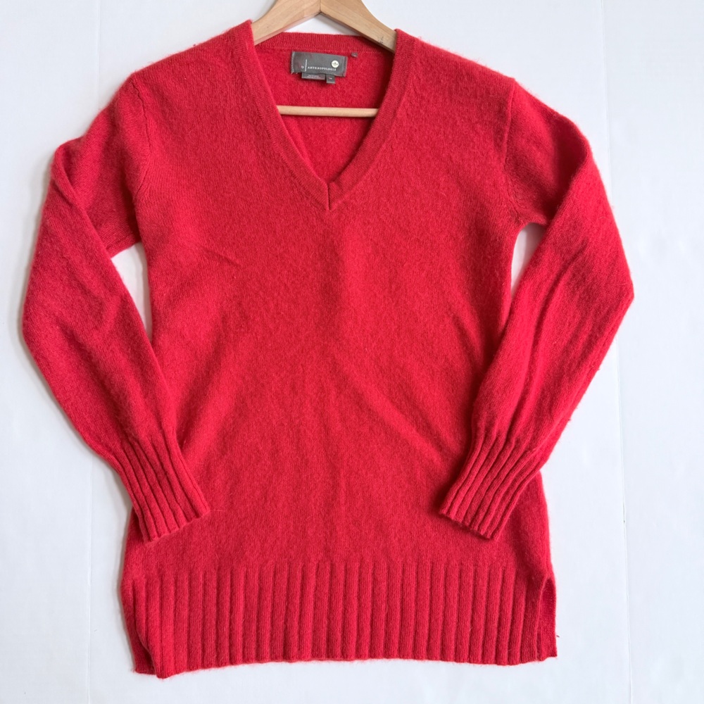 Anthropologie Vibrant Red Knit 100% Cashmere V-Neck‎ Sweater Size XS